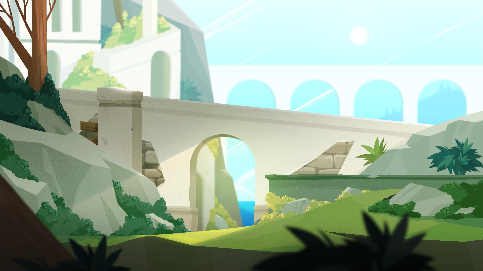 Concept art of a section of an overgrown Roman style city on the side of a cliff.